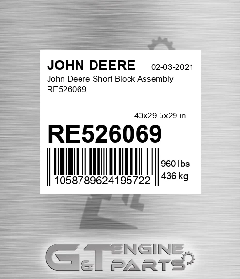 RE526069 John Deere Short Block Assembly RE526069