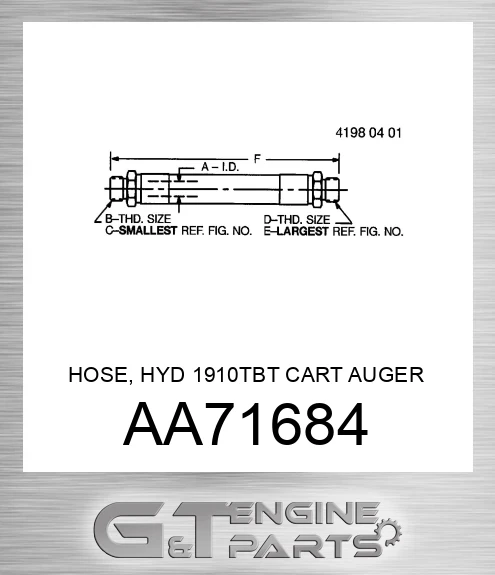 AA71684 HOSE, HYD 1910TBT CART AUGER LOWER