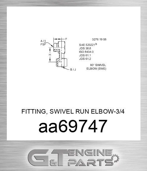 AA69747 FITTING, SWIVEL RUN ELBOW-3/4 ORFS