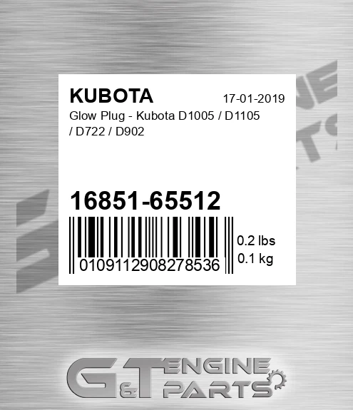 16851-65512 Glow Plug - Kubota D1005 / D1105 / D722 / D902