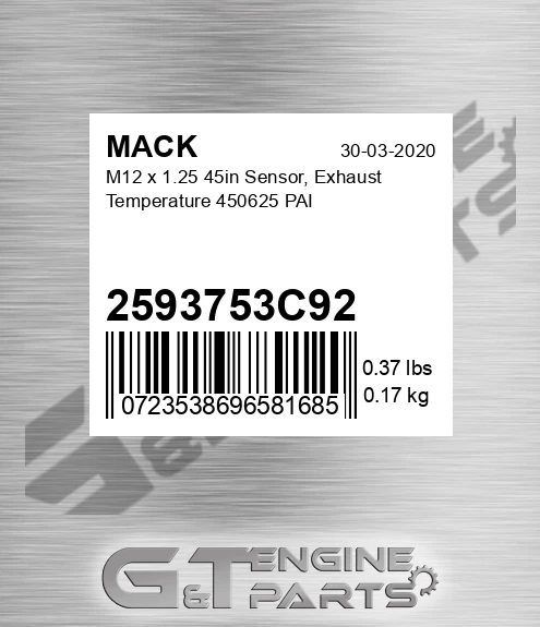 2593753C92 M12 x 1.25 45in Sensor, Exhaust Temperature 450625 PAI
