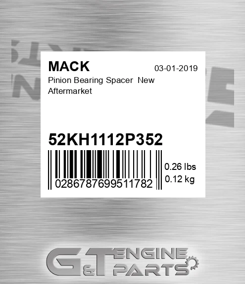 52KH1112P352 Pinion Bearing Spacer New Aftermarket