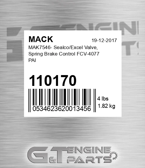 110170 MAK7546- Sealco/Excel Valve, Spring Brake Control FCV-4077 PAI