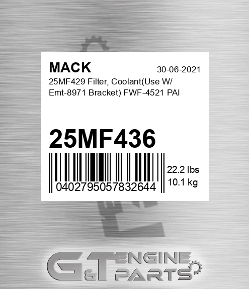25MF436 25MF429 Filter, Coolant Use W/ Emt-8971 Bracket FWF-4521 PAI
