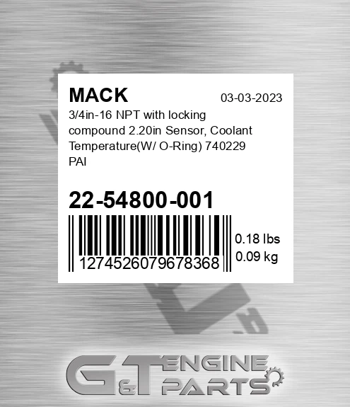 22-54800-001 3/4in-16 NPT with locking compound 2.20in Sensor, Coolant Temperature W/ O-Ring 740229 PAI