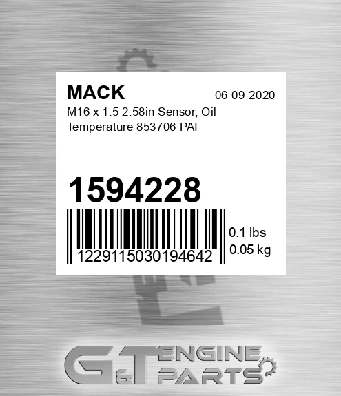 1594228 M16 x 1.5 2.58in Sensor, Oil Temperature 853706 PAI