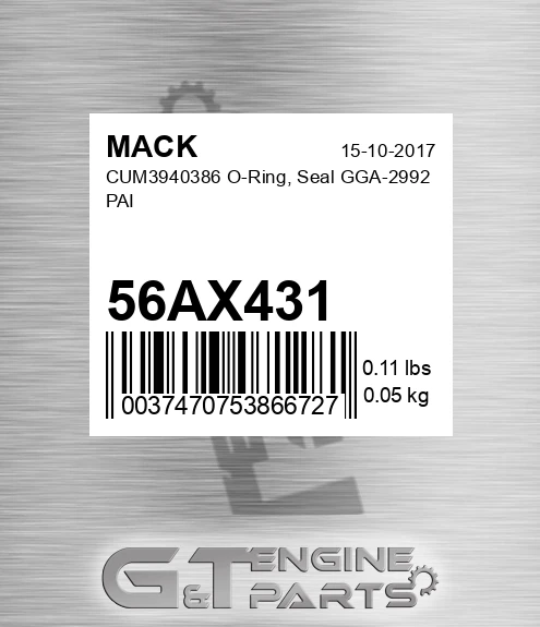 56AX431 CUM3940386 O-Ring, Seal GGA-2992 PAI