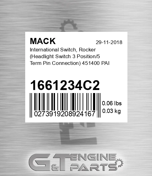 1661234C2 International Switch, Rocker Headlight Switch 3 Position/5 Term Pin Connection 451400 PAI