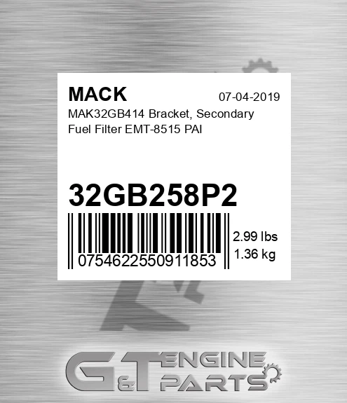 32GB258P2 MAK32GB414 Bracket, Secondary Fuel Filter EMT-8515 PAI