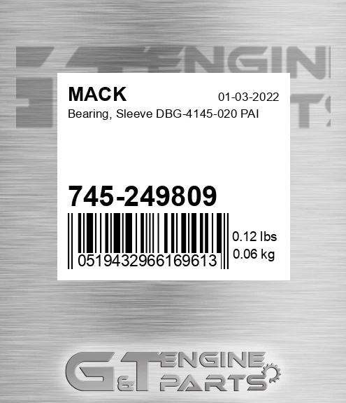 745-249809 Bearing, Sleeve DBG-4145-020 PAI