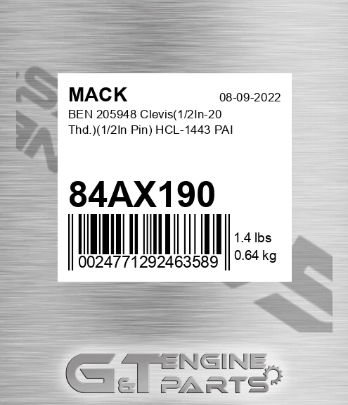84AX190 BEN 205948 Clevis 1/2In-20 Thd. 1/2In Pin HCL-1443 PAI