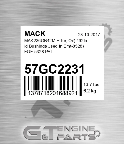 57GC2231 MAK236GB42M Filter, Oil .492In Id Bushing Used In Emt-8528 FOF-5328 PAI