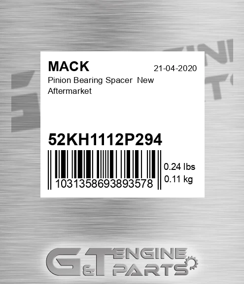 52KH1112P294 Pinion Bearing Spacer New Aftermarket
