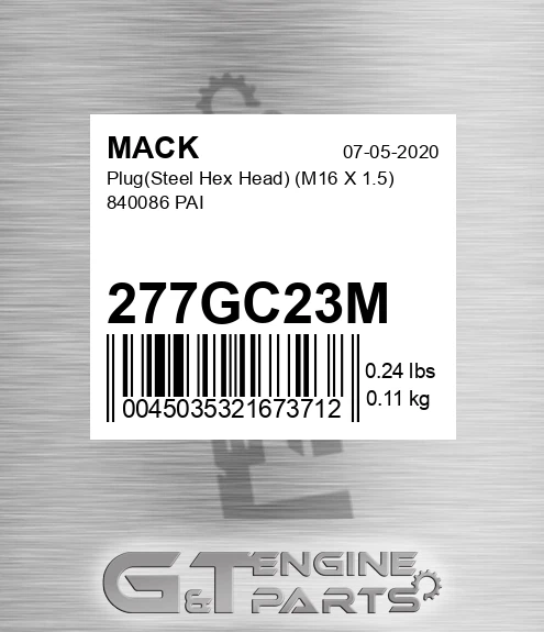 277GC23M Plug Steel Hex Head M16 X 1.5 840086 PAI