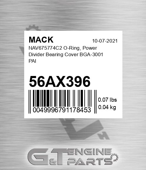 56AX396 NAV675774C2 O-Ring, Power Divider Bearing Cover BGA-3001 PAI