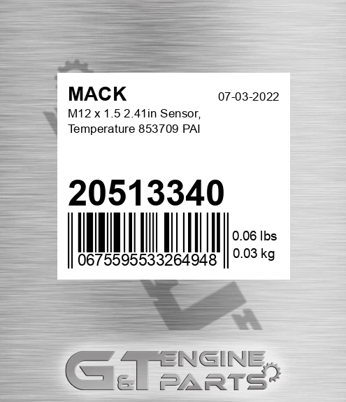 20513340 M12 x 1.5 2.41in Sensor, Temperature 853709 PAI