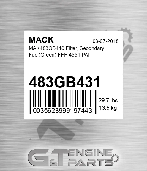 483GB431 MAK483GB440 Filter, Secondary Fuel Green FFF-4551 PAI