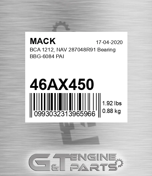 46AX450 BCA 1212, NAV 287048R91 Bearing BBG-6084 PAI