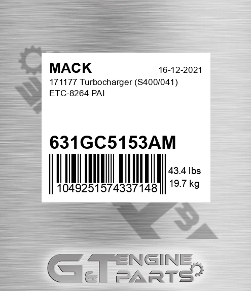 631GC5153AM 171177 Turbocharger S400/041 ETC-8264 PAI