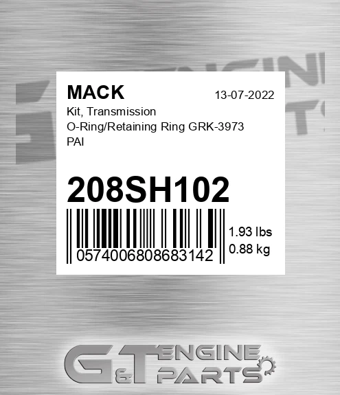 208SH102 Kit, Transmission O-Ring/Retaining Ring GRK-3973 PAI