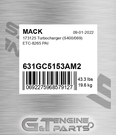 631GC5153AM2 173125 Turbocharger S400/069 ETC-8265 PAI