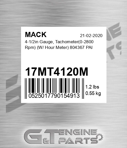 17MT4120M 4-1/2in Gauge, Tachometer 0-2800 Rpm W/ Hour Meter 804367 PAI