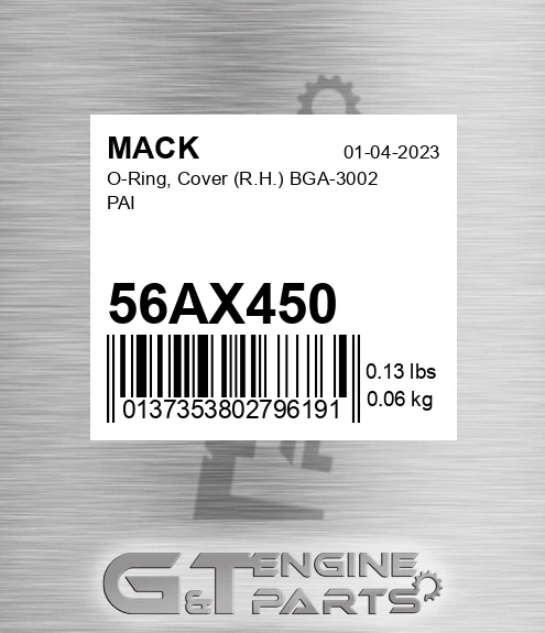 56AX450 O-Ring, Cover R.H. BGA-3002 PAI