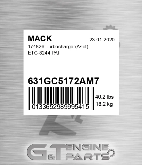 631GC5172AM7 174826 Turbocharger Aset ETC-8244 PAI