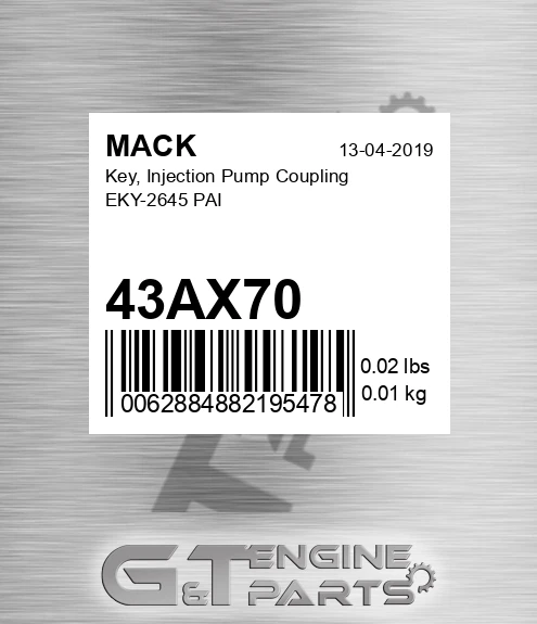 43AX70 Key, Injection Pump Coupling EKY-2645 PAI
