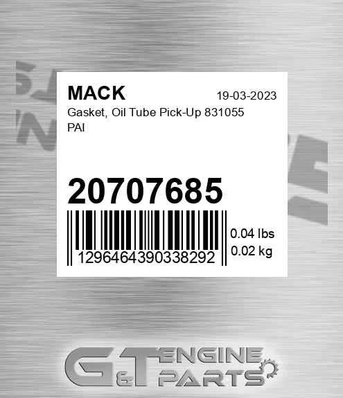 20707685 Gasket, Oil Tube Pick-Up 831055 PAI
