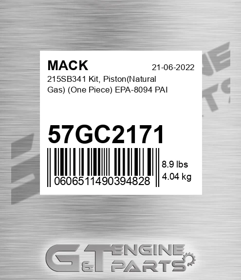 57GC2171 215SB341 Kit, Piston Natural Gas One Piece EPA-8094 PAI