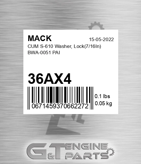 36AX4 CUM S-610 Washer, Lock 7/16In BWA-0051 PAI