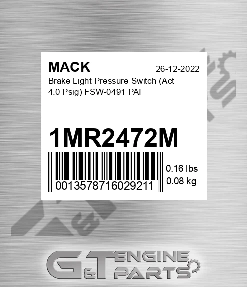 1mr2472m Brake Light Pressure Switch Act 4.0 Psig FSW-0491 PAI