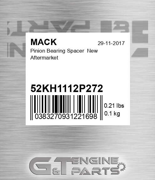 52KH1112P272 Pinion Bearing Spacer New Aftermarket