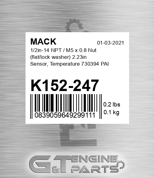 K152-247 1/2in-14 NPT / M5 x 0.8 Nut flat/lock washer 2.23in Sensor, Temperature 730394 PAI