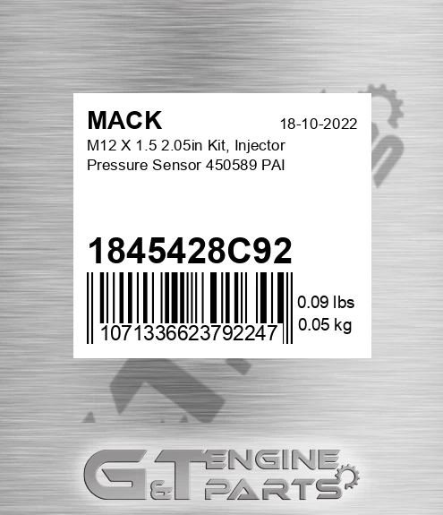 1845428C92 M12 X 1.5 2.05in Kit, Injector Pressure Sensor 450589 PAI