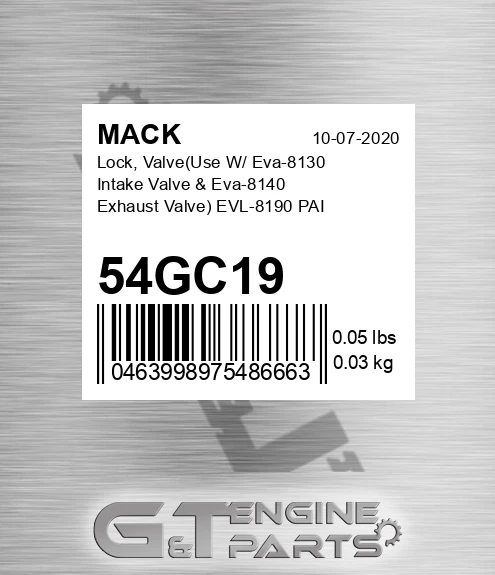 54GC19 Lock, Valve Use W/ Eva-8130 Intake Valve &amp; Eva-8140 Exhaust Valve EVL-8190 PAI