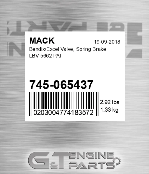 745-065437 Bendix/Excel Valve, Spring Brake LBV-5662 PAI