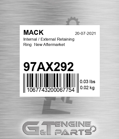 97AX292 Internal / External Retaining Ring New Aftermarket