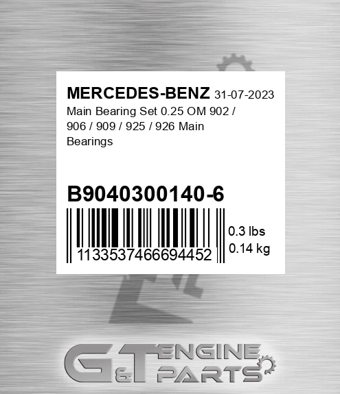 B9040300140-6 Main Bearing Set 0.25 OM 902 / 906 / 909 / 925 / 926 Main Bearings