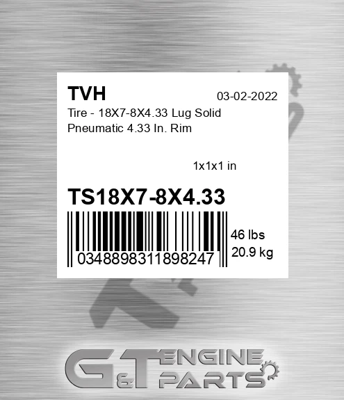 TS18X7-8X4.33 Tire - 18X7-8X4.33 Lug Solid Pneumatic 4.33 In. Rim