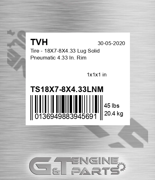 TS18X7-8X4.33LNM Tire - 18X7-8X4.33 Lug Solid Pneumatic 4.33 In. Rim