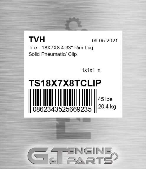 TS18X7X8TCLIP Tire - 18X7X8 4.33&quot; Rim Lug Solid Pneumatic/ Clip