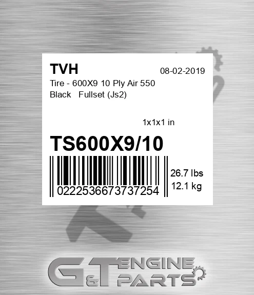 TS600X9/10 Tire - 600X9 10 Ply Air 550 Black Fullset Js2