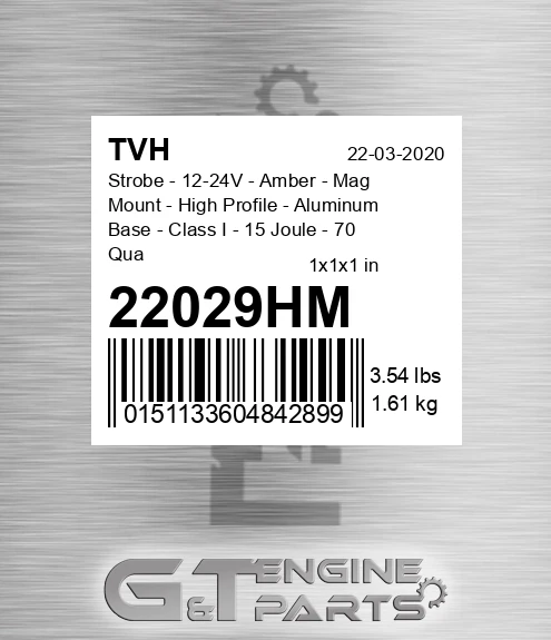 22029HM Strobe - 12-24V - Amber - Mag Mount - High Profile - Aluminum Base - Class I - 15 Joule - 70 Quad Fpm