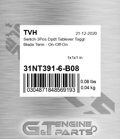 31NT391-6-B08 Switch-3Pos Dpdt Tablever Toggl Blade Term - On-Off-On