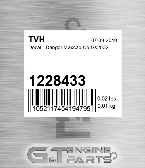 1228433 Decal - Danger Maxcap Ce Gs2032