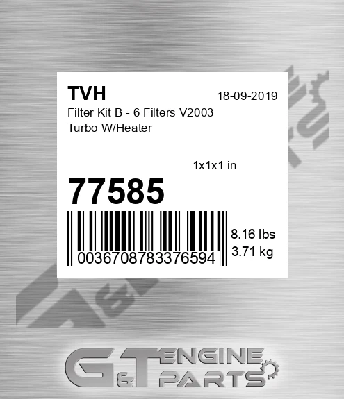 77585 Filter Kit B - 6 Filters V2003 Turbo W/Heater