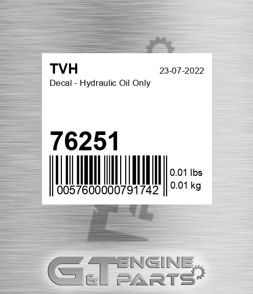 76251 Decal - Hydraulic Oil Only