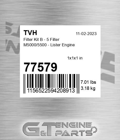 77579 Filter Kit B - 5 Filter M5000/5500 - Lister Engine